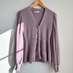 Lavender Purple V Neck Cardigan Balloon Sheer Sleeves Peplum Flare Size Small